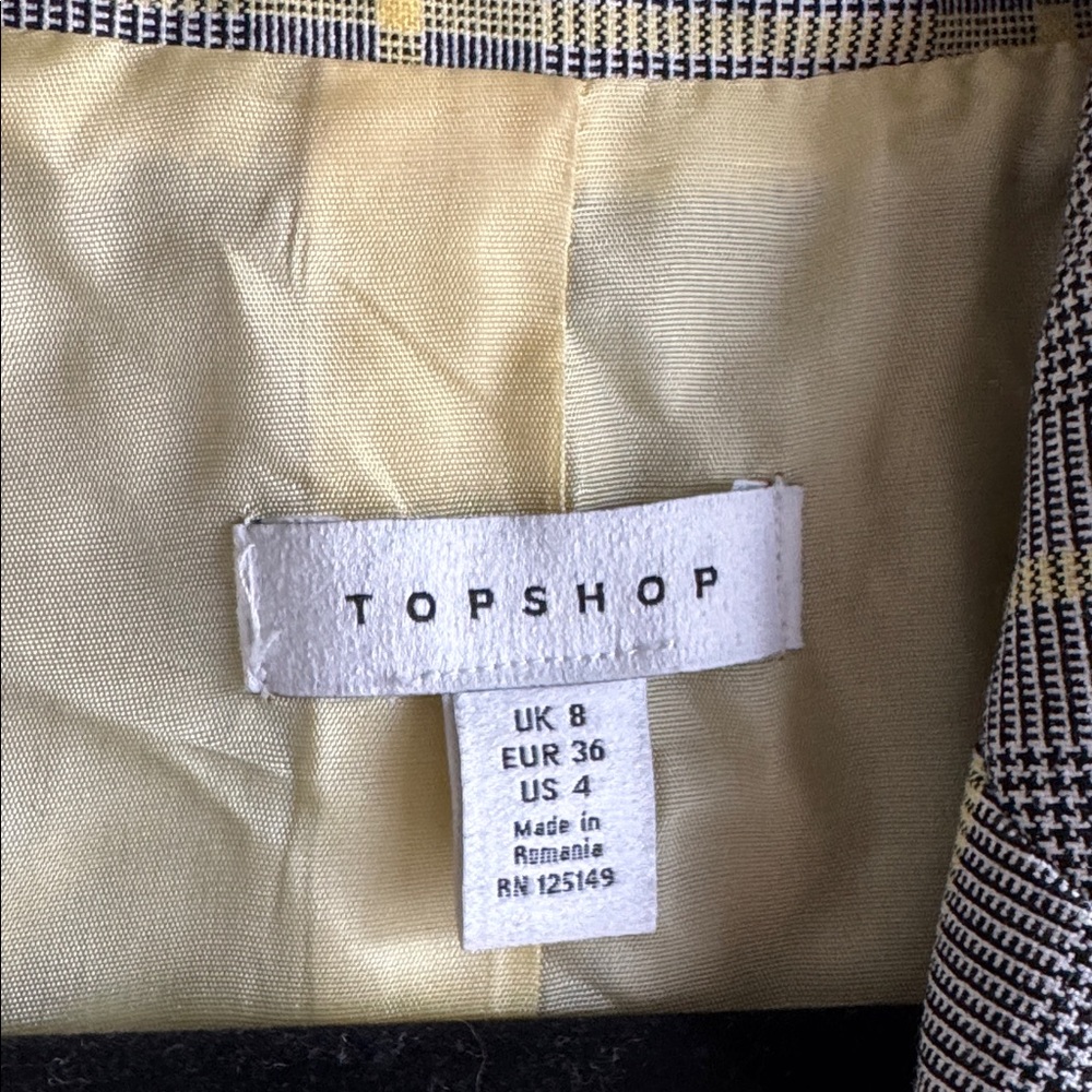 Topshop Plaid Houndstooth Double Breasted Blazer Grey Yellow Womens size 4 US - Picture 3 of 5